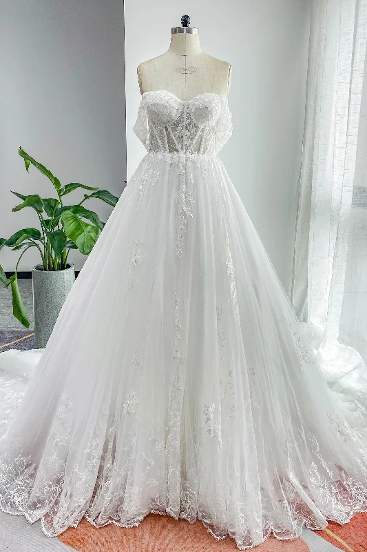 A-Line Cathedral Train Lace Tulle Wedding Dress CW3150 Soft Wedding Gown