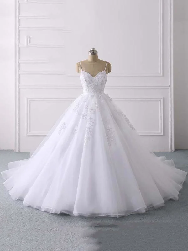 Spaghetti Straps Lace Tulle Ruffles Wedding Dresses Chic Wedding Gown