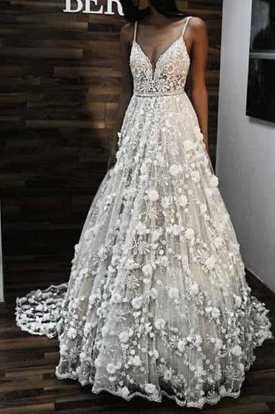 Charming V Neck Spaghetti Straps Lace Backless Long Wedding Dress N767 Floral Wedding Gown