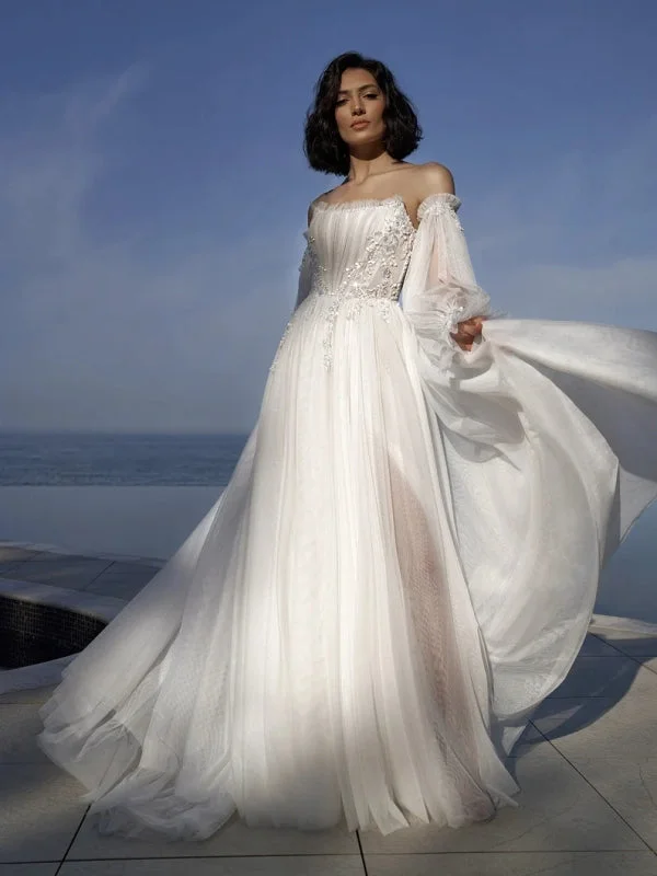 Detachable Sleeves A-line Wedding Dresses, Sequins Elegant Couture Bridal Gowns, Newest 2023 Wedding Dresses Lace Wedding Gown