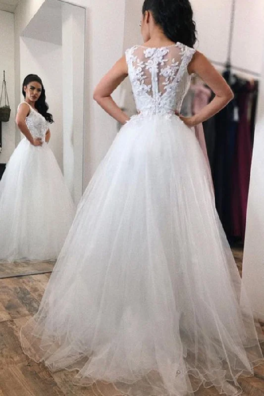 Gorgeous A Line V Neck With Lace Appliques Long Tulle Ball Gown Wedding Dresses Off-shoulder Bridal Dress