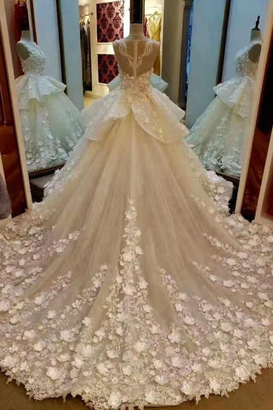 Gorgeous Sleeveless Ball Gown Appliques Flowers Court Train Wedding Dress Elegant Bridal Gown