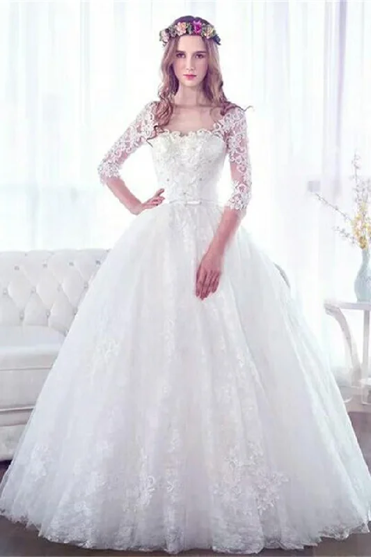 Beautiful White Half Sleeves Lace Up Long Ball Gown Wedding Dress Sparkle Bridal Dress