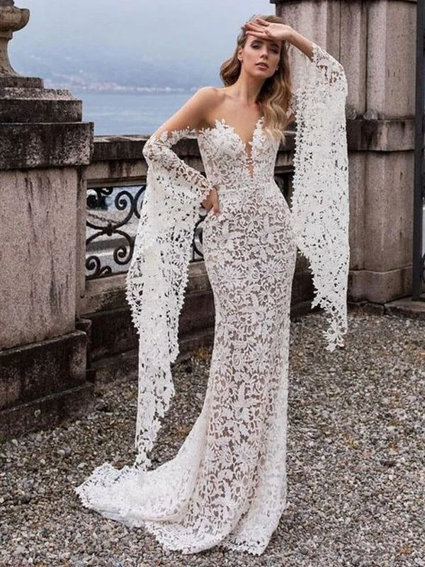 Lace Wedding Dress Mermaid Wedding Dress V Neck Long Sleeve Sexy Bridal Dresses Soft Lace Gown