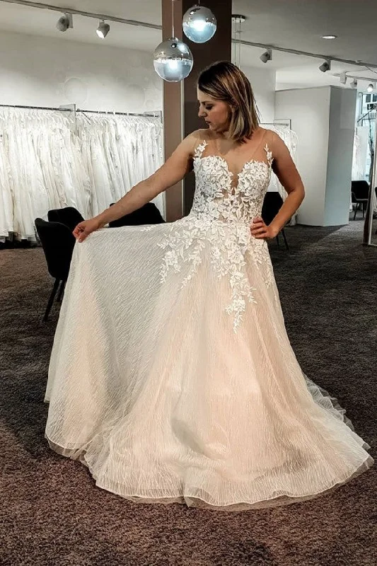 Long A-line Backless Wedding Dress With Tulle Lace Floor-length Lace Boho Dress