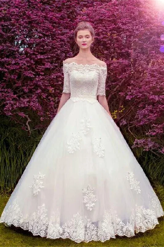 Pretty Modest White Half Sleeves Boat Neckline Lace Up Ball Gown Wedding Dress Beaded Bridal Gown