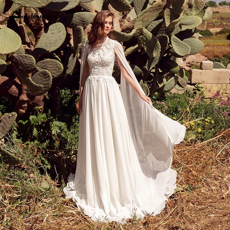 Long Cape Sleeve Chiffon Lace A Line Wedding Sweep Train Bridal Dress Elegant Lace Gown