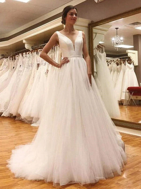 Simple V Neck Open Back White Tulle Long Prom Dresses, V Neck White Wedding Dresses, White Formal Evening Dresses Silk Wedding Gown