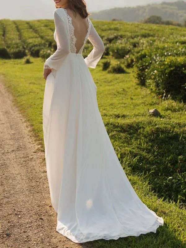 Simple Wedding Dress Lycra Spandex Bateau Neck Long Sleeves Lace A Line Bridal Gowns Mermaid Wedding Gown