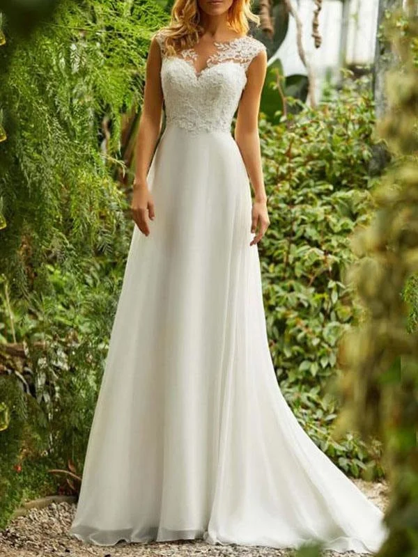 Simple Wedding Dresses 2021 Chiffon A Line V Neck Sleeveless Lace Beaded Bridal Gowns With Train Short Wedding Gown