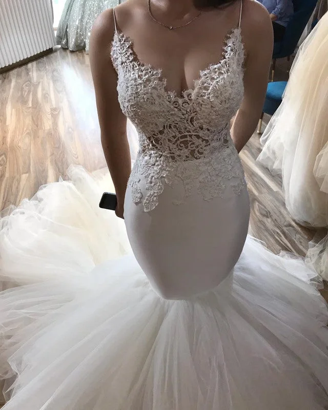 Stylish Lace Embroidery V-neck Open Back Tulle Mermaid Wedding Dresses Luxury Wedding Dress