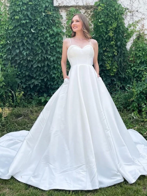 Sweetheart Neck Open Back White Long Prom Wedding Dresses with Train, White Formal Graduation Evening Dresses Full Skirt Wedding