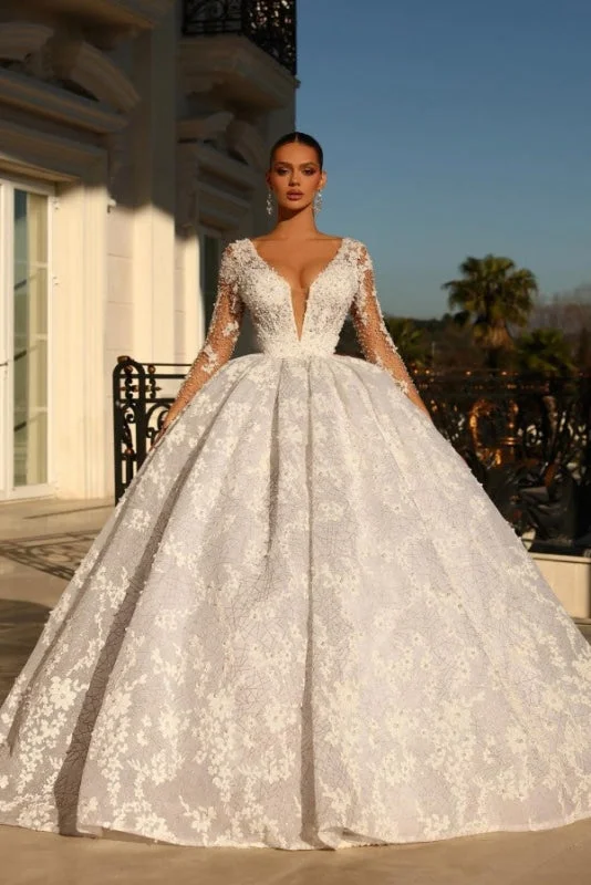 V-Neck Long Sleeves Lace Satin Ball Gown Wedding Dress with Applique Empire Waist Gown