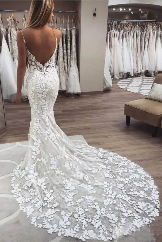 Vintage Spaghetti Strap Mermaid Lace Appliques Boho Wedding Dress Crystal Wedding Dress