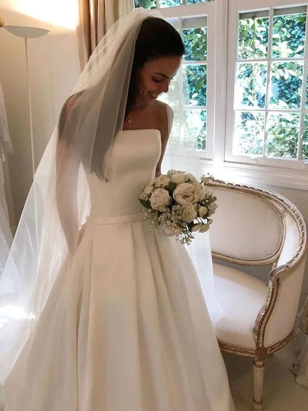 Vintage Wedding Dresses 2021 Satin Strapless A Line Floor Length Classic Bridal Gown With Train Sparkling Wedding Dress