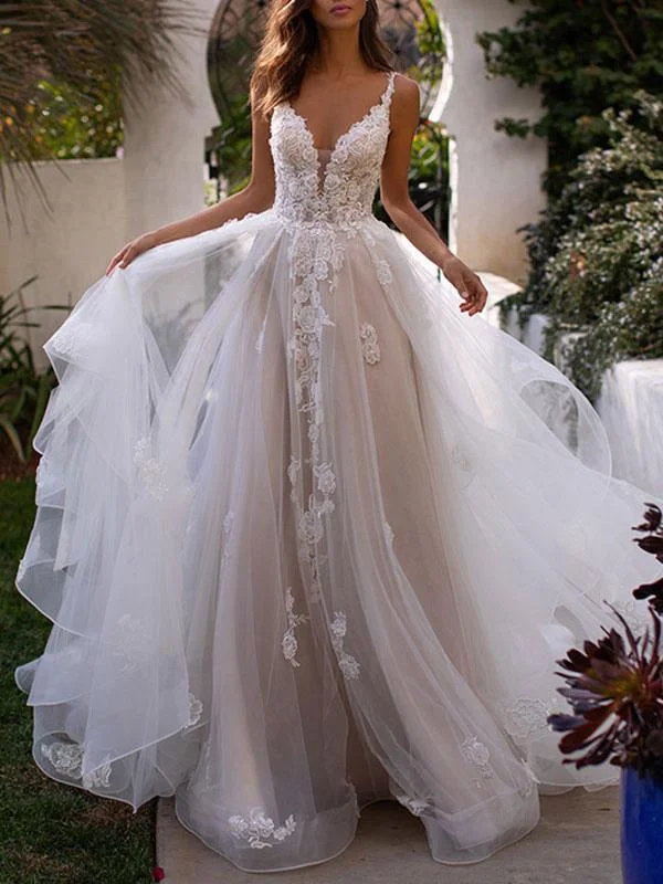 Wedding Dresses A Line V Neck Sleeveless Lace Appliqued Bridal Gowns With Train Long Sleeve Gown