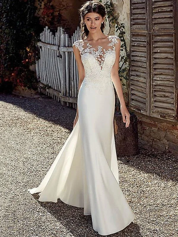 White Simple Wedding Dress White Chiffon Illusion Neckline Sleeveless Court Train Applique Sheath Bridal Gowns Sexy Satin Gown