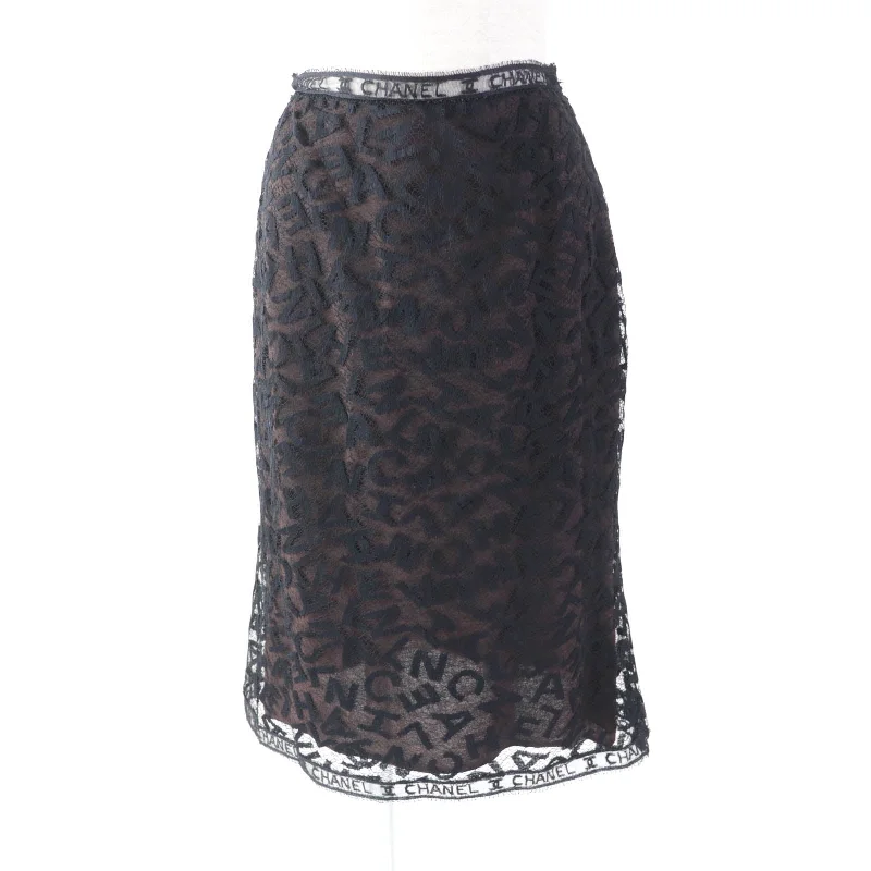 Chanel Vintage Logo Lace Knee Skirt Black 38 Flowy unclassified skirts