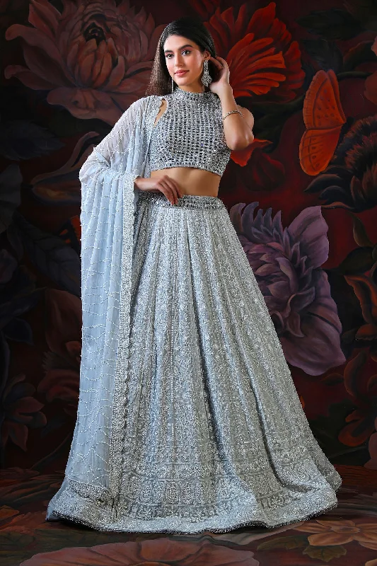 Grey Lehenga With Mirror Embroidery Top Lace unclassified skirts