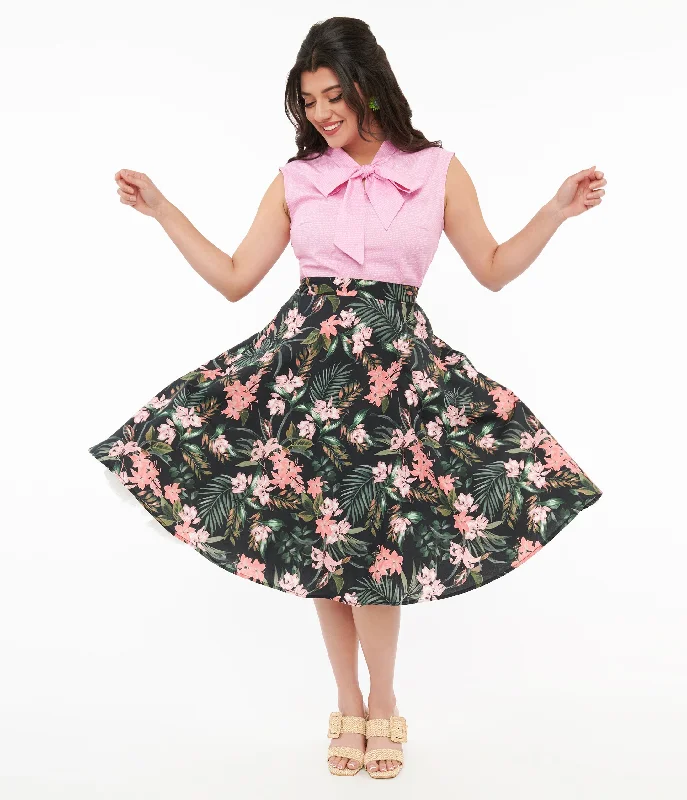 Hell Bunny 1950s Black & Pink Tropical Floral Print Cotton Calypso Swing Skirt Tulle unclassified skirts