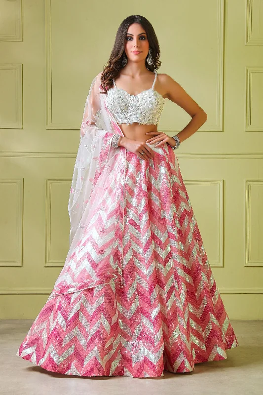 Pink Zig-Zag Lehenga With White Top & Pink Border Dup Stretchy unclassified skirts