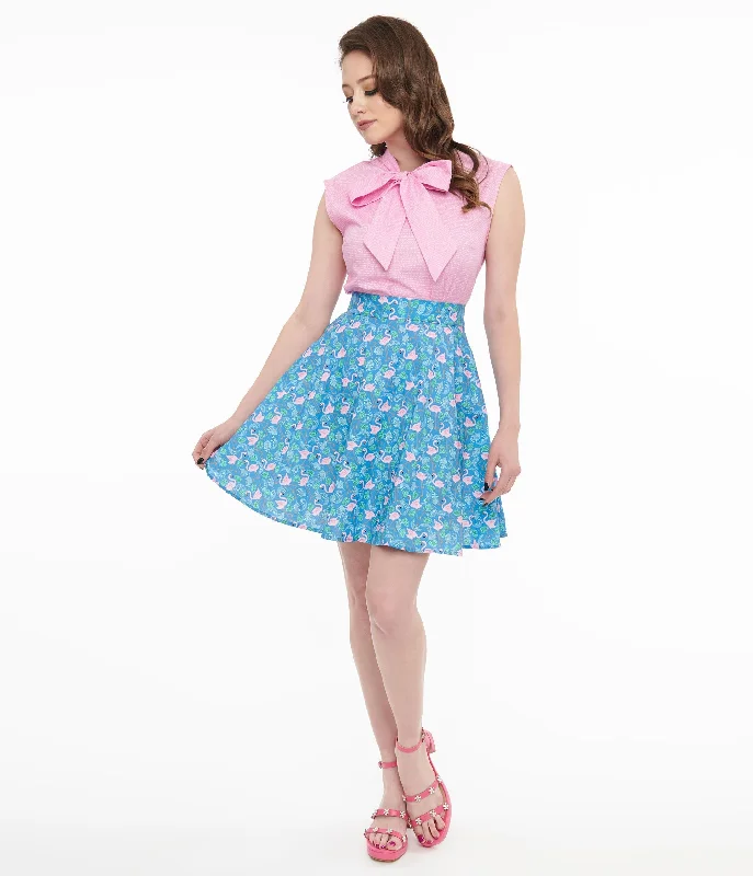 Retrolicious 1950s Blue & Pink Flamingo Print Cotton Skater Skirt Cotton unclassified skirts