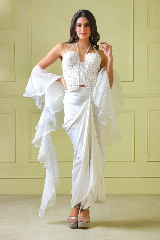 White Pullup Skt with White Embroidery Top & Plan Ruffle Scarf Earthy tone unclassified skirts