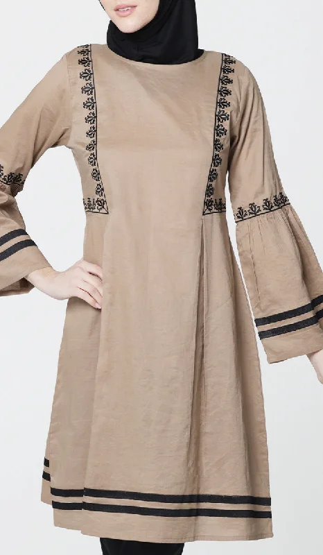 Aicha Embroidered Cotton Modest Midi Tunic - Cafe Fashion-forward midi dresses