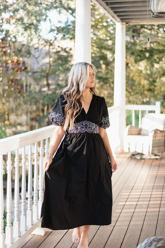 Black Embroidered V-Neck Midi Dress Urban Outfitters midi dresses