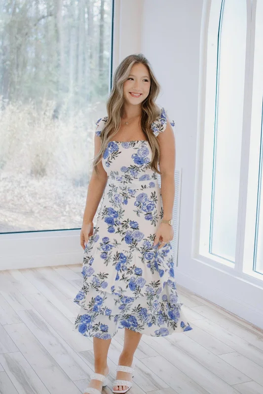 Blue & White Floral Ruffle Tiered Midi Dress Best midi dresses for hourglass body shape