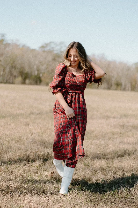 Holiday Red Plaid Midi Dress Hot new arrivals in midi dresses