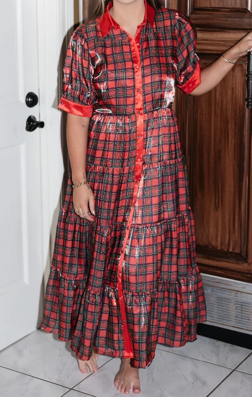 Red Plaid Satin Button Up Midi Dress Stretchy midi dresses