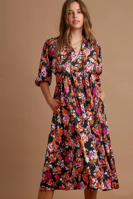 Umgee Black Satin Floral Midi Dress Trendy midi dresses under $50