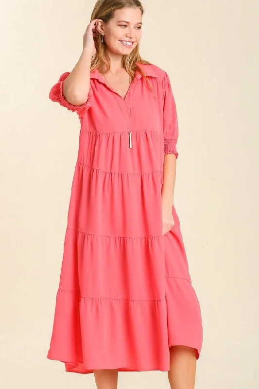 Umgee Collared Tiered Midi Dress in Coral Pink Affordable midi dresses