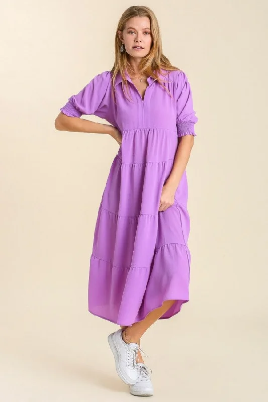 Umgee Collared Tiered Midi Dress in Lavender ON ORDER Budget-friendly midi dresses