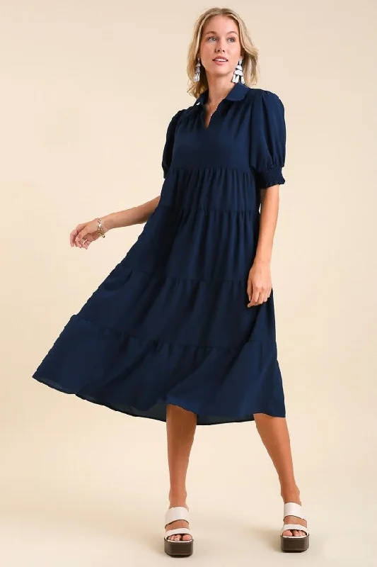 Umgee Collared Tiered Midi Dress in Navy Winter midi dresses