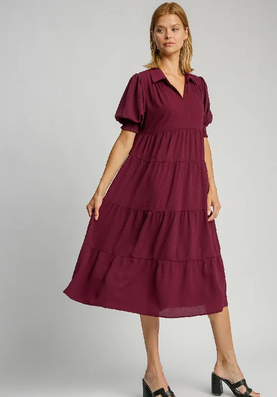 Umgee Collared Tiered Midi Dress in Plum Flattering midi dresses for all body types