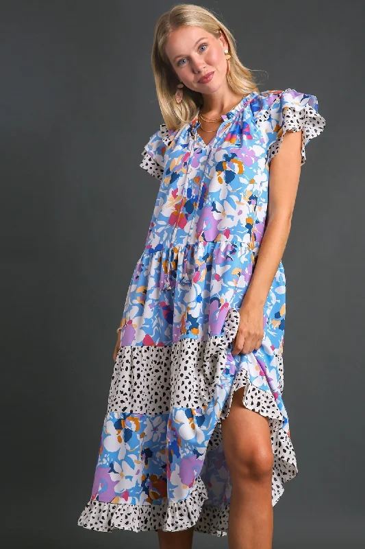 Umgee Mixed Print Midi Dress in Light Blue Mix Anniversary midi dresses