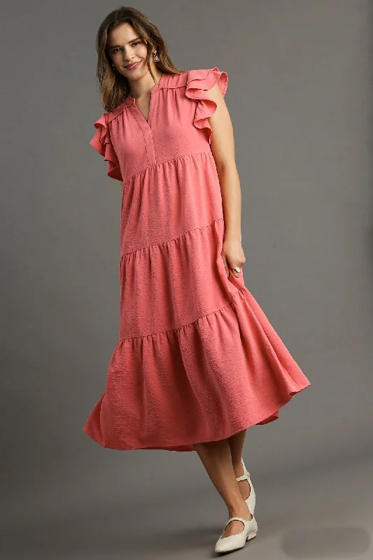 Umgee Split Neck A-Line Tiered Midi Dress in Coral Pink Best midi dresses for date night