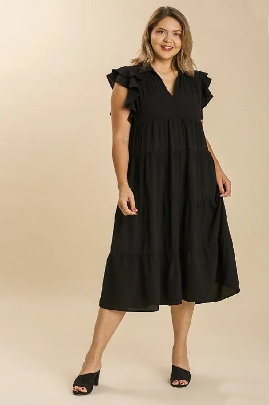 Umgee Tiered Midi Dress with Ruffled Sleeves in Black Birthday midi dresses