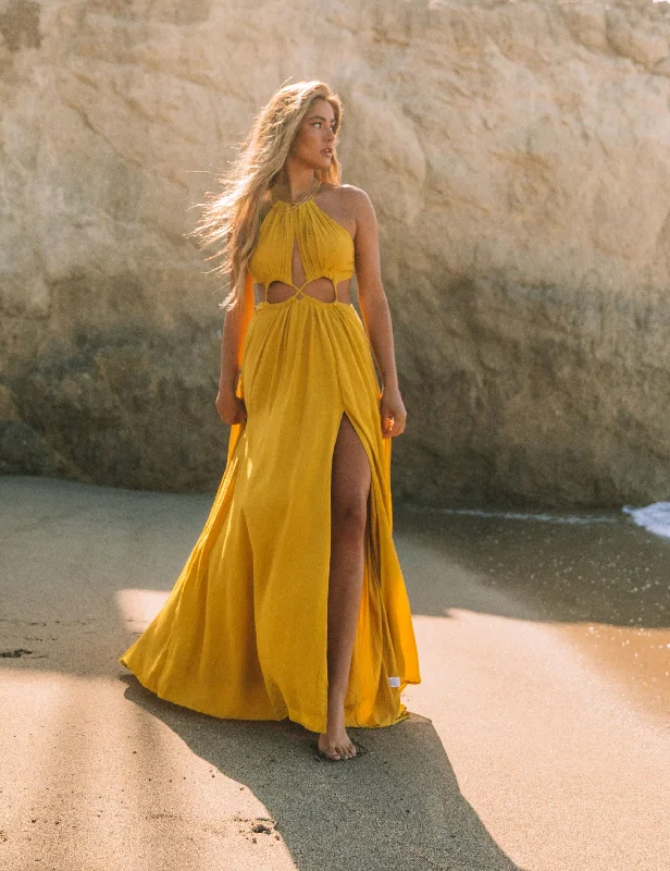 Cailey Cutout Halter Maxi Dress - Moss Yellow Clubbing maxi dresses