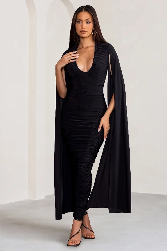 Georgiana | Black Plunge Ruched Maxi Dress with Cape Sleeves Hot new arrivals in maxi dresses