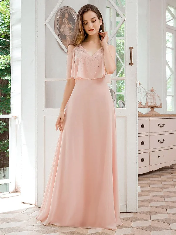 Dainty Short Ruffles Sleeves V-neck Chiffon Evening Dresses Boohoo party dresses