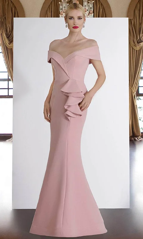 Janique - 1936 Off Shoulder Ruffled Accent Mermaid Gown in Blush Best party dresses for tall women