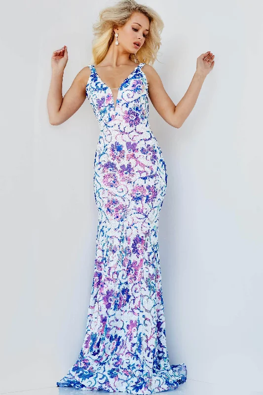 Jovani - 08257 Sleeveless Floral Sequin Long Gown Edgy party dresses