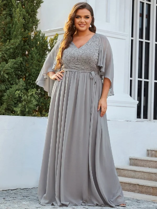 Plus Size Deep V Neck Lace Bodice Long Flowy Evening Dress Satin party dresses