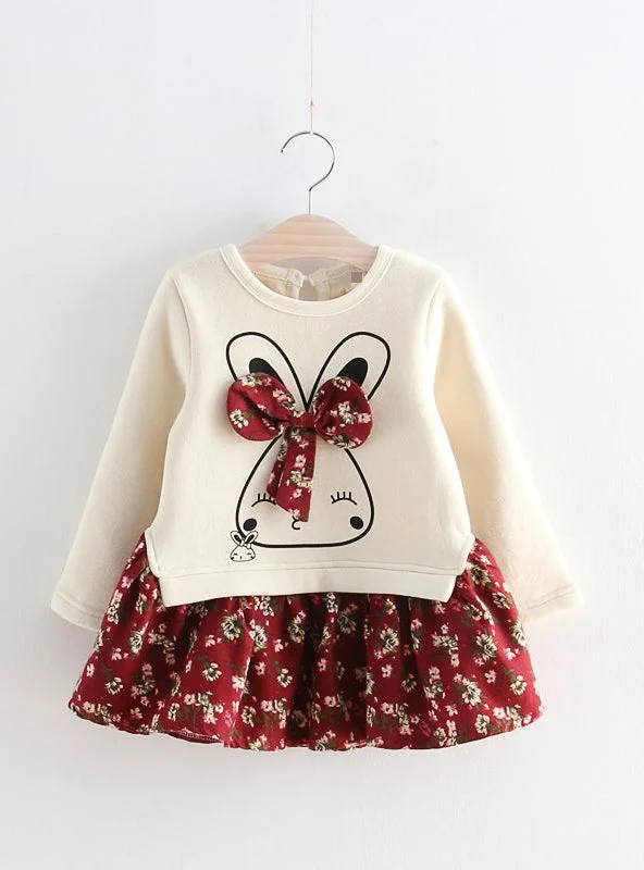 Cute Rabbit and Flowers Printed Girls Long Sleeve Dress Silk floral dresses