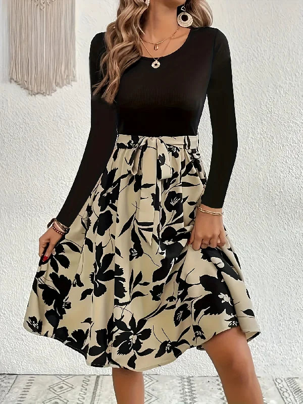 Floral Print Splicing Dress, Casual Crew Neck Long Sleeve Dress Best floral dresses for casual outings