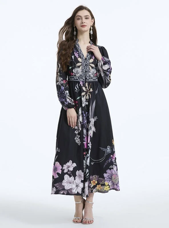 Holiday Style V-neck Printed Long Sleeve Dress Edgy floral dresses