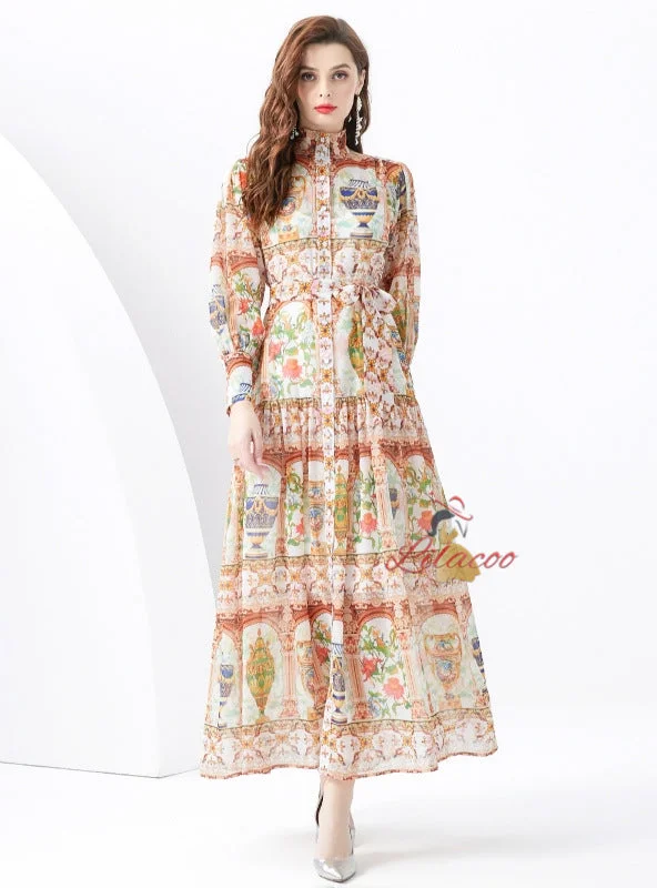 Long Sleeve Retro Print Ddress Corset floral dresses